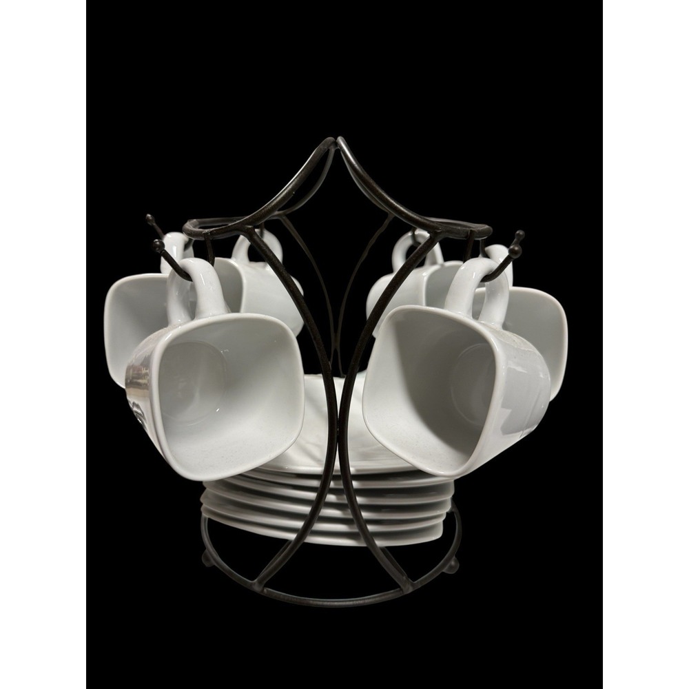 B. Smith White Set For 6 Espresso Demitasse Cups & Saucers W/Storage Rack Coffee